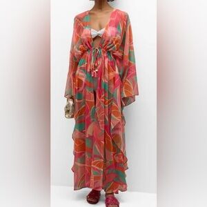 Ramy Brook Vibrant Pink and Orange Austin Sheer Palm Printed  Pool Coverup M